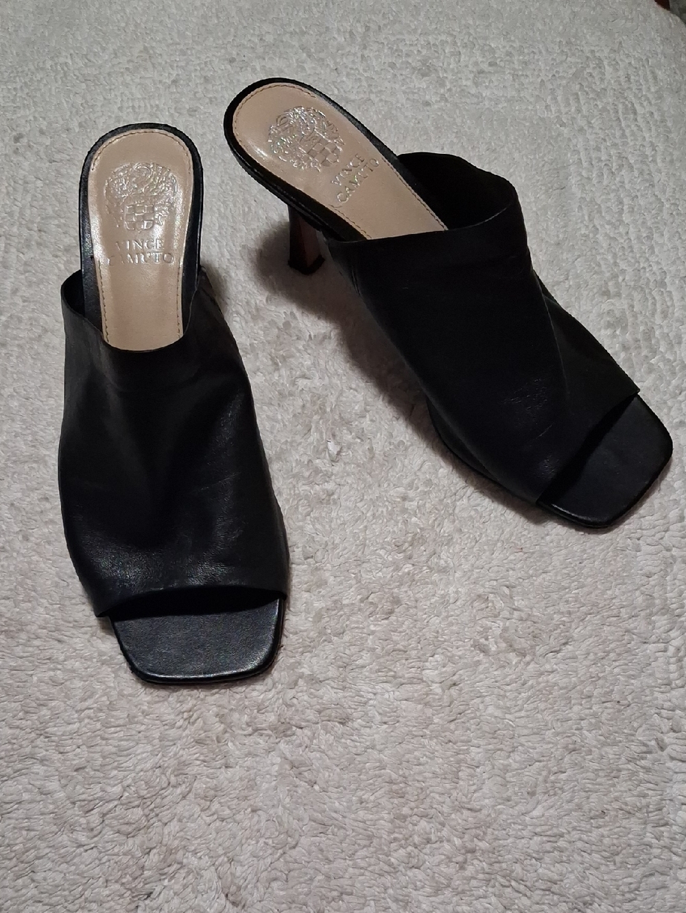 Vince Camuto Black Leather Open-Toe Mule Heels